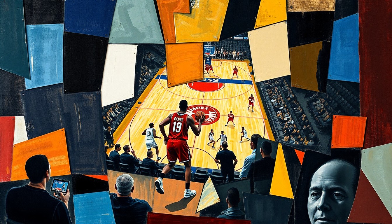 A cubist, geometric painting depicting a fragmented, multi-perspective view of a college basketball game, with the players' forms deconstructed into abstract shapes and planes of color.