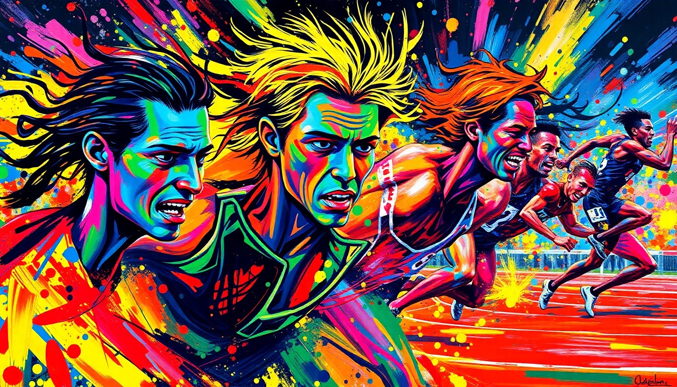 An abstract, energetic painting in neon colors depicting the motion and dynamism of a track and field event, with figures and details blending into expressive brushstrokes.