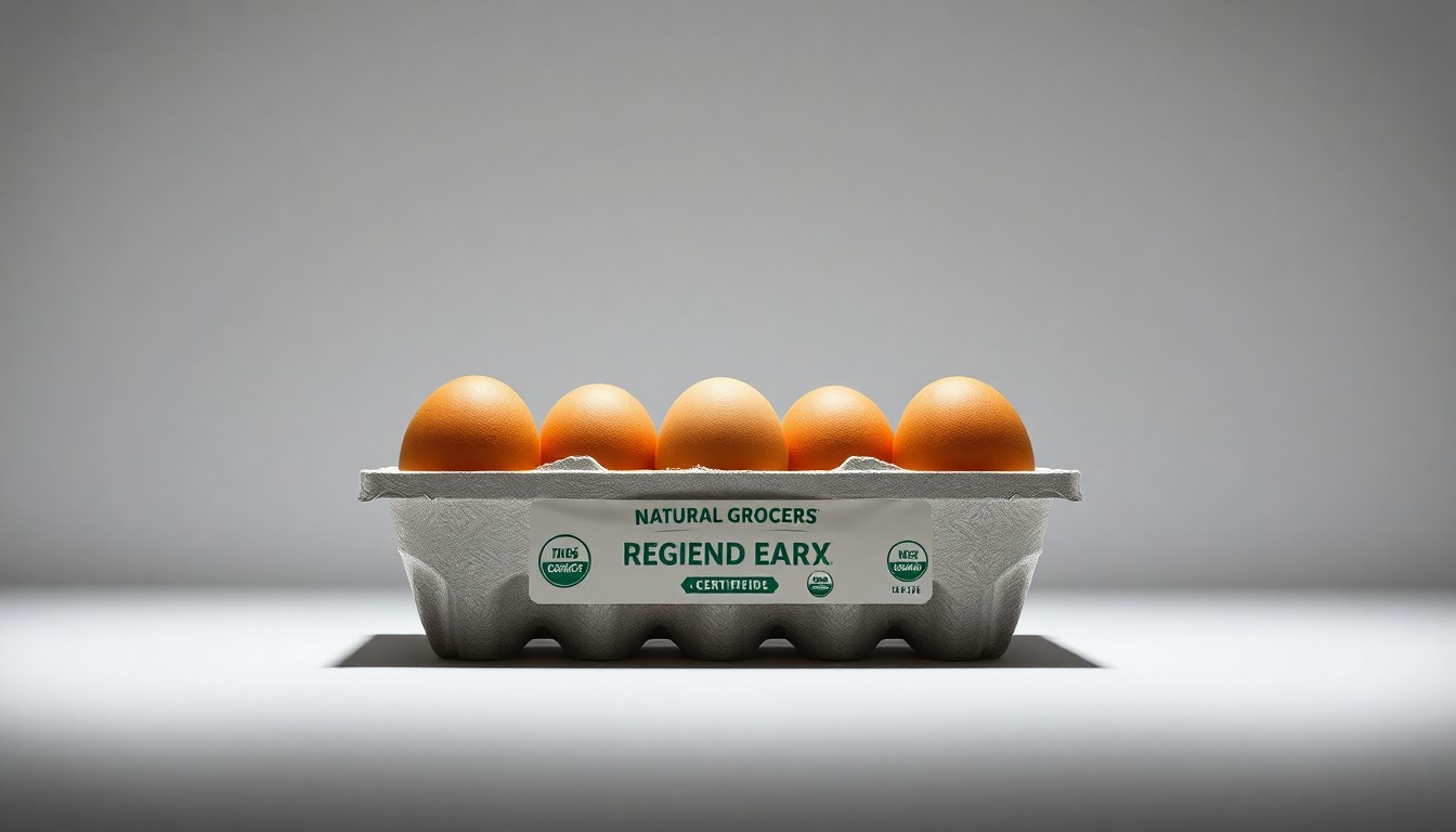 A high-end, photorealistic studio still-life photograph of a carton of Natural Grocers Brand Regenerative Organic Certified Pasture-Raised Eggs, showcasing the premium quality and craftsmanship of the product.