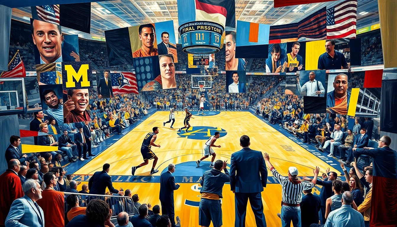 A fractured, multi-perspective painting depicting the intense final moments of a basketball game, with players' movements and the energy of the contest captured through Picasso's signature cubist style.