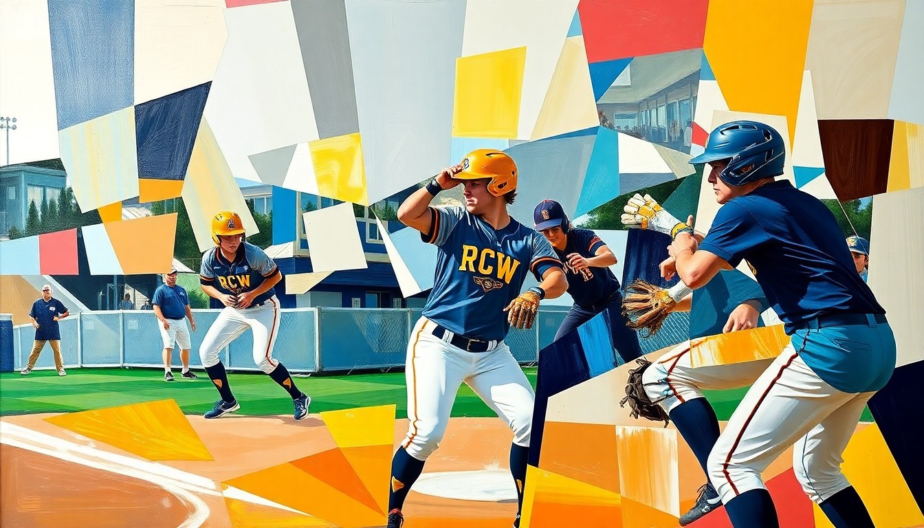 A cubist, geometric painting depicting a softball game, with the players and field broken down into overlapping planes of vibrant navy blue, gold, and white colors, capturing the dynamic energy of the sport.