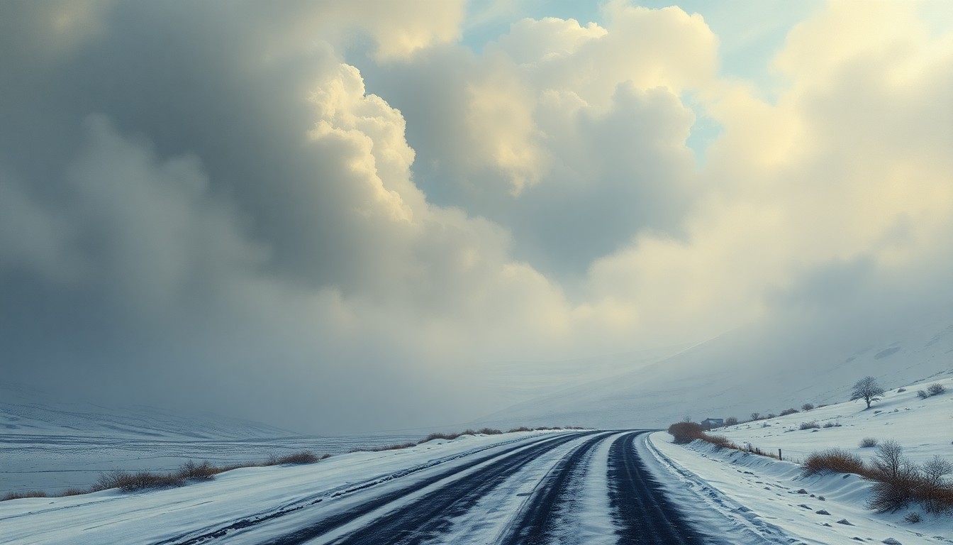A sweeping, atmospheric landscape painting in muted tones of gray, white, and blue, depicting a snow-covered road winding through a vast, desolate scene. The road is partially obscured by swirling clouds and heavy snowfall, conveying the overwhelming power of the winter storm.