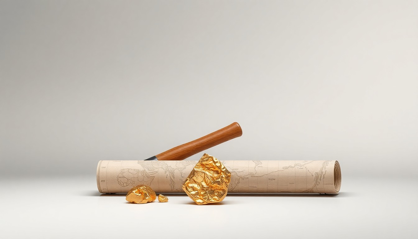 A photorealistic studio still life featuring a polished gold nugget, a geological hammer, and a rolled map, symbolizing the tools and expertise needed to drive mineral exploration forward.