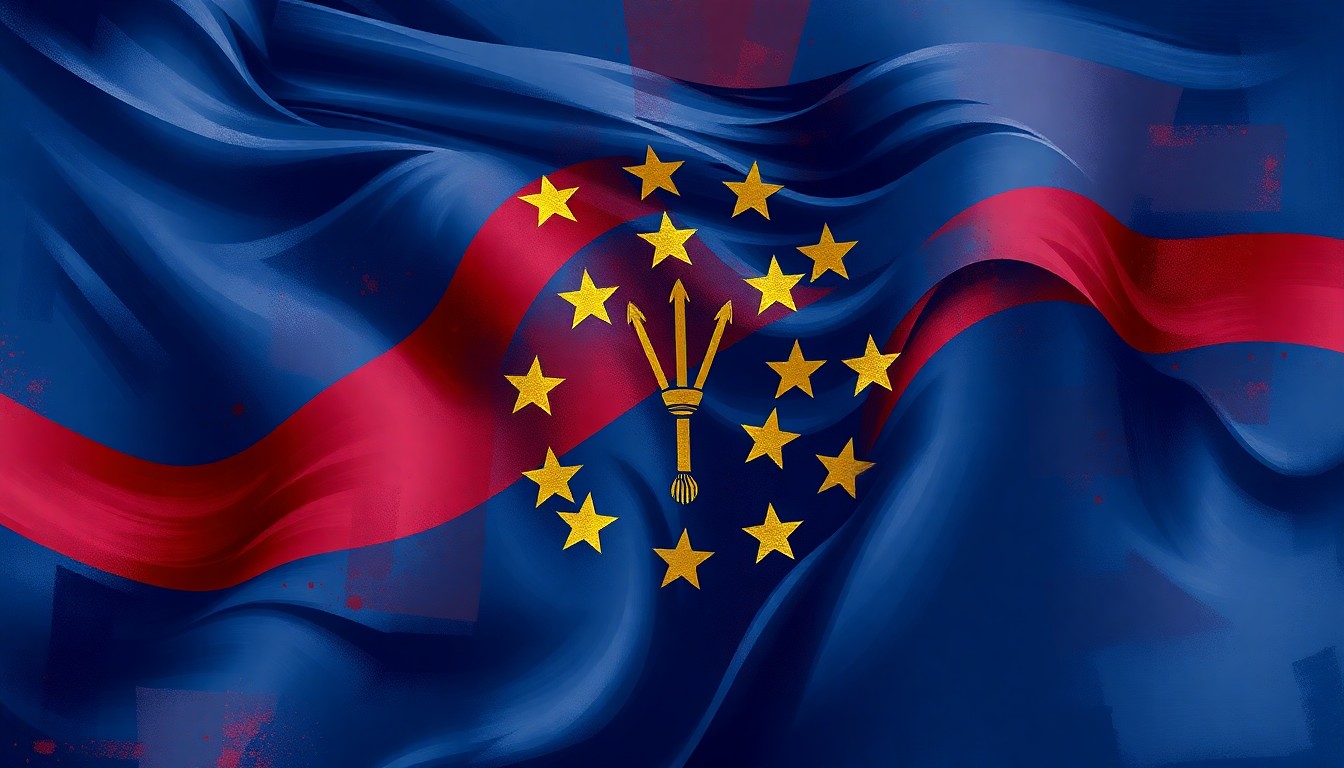 A dynamic, abstract painting featuring overlapping, fractured geometric shapes in shades of blue, red, and gold, conceptually representing the complex and evolving voting landscape in Indiana.