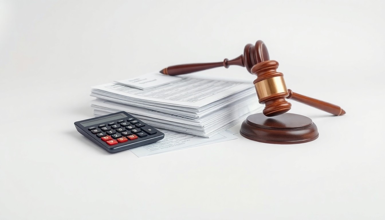 A minimalist studio still life featuring a stack of financial documents, a calculator, and a gavel on a clean, monochromatic background, conceptually representing the abstract legal and financial issues surrounding the securities fraud investigation.