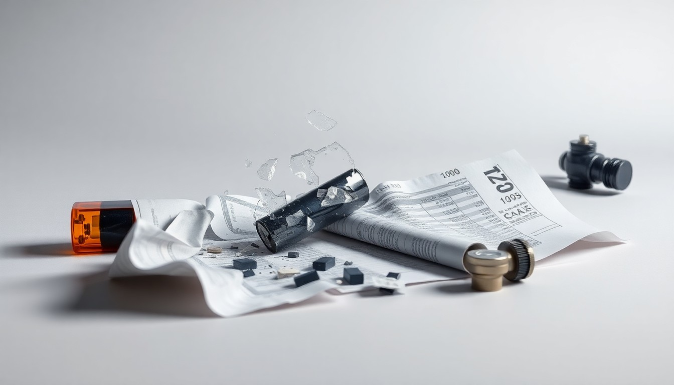 A photorealistic studio still life featuring a shattered glass battery cell, a crumpled financial report, and a broken mechanical component, conceptually illustrating the corporate challenges facing the energy storage industry.