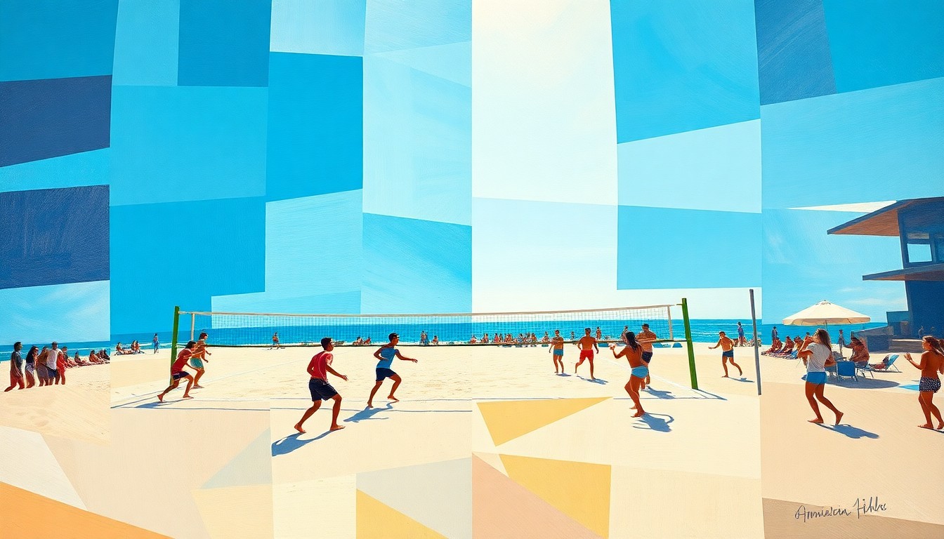 A cubist, geometric painting depicting a fragmented, multi-angle view of a beach volleyball match, with sharp planes of blue sky, sandy courts, and dynamic player movements.