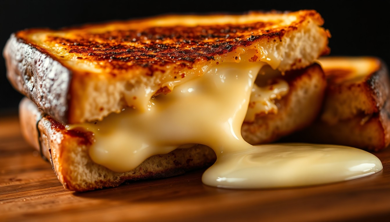 An extreme close-up photograph of melted, gooey cheese stretching out from between two slices of toasted bread, with dramatic shadows and highlights creating a luxurious, high-fashion aesthetic.