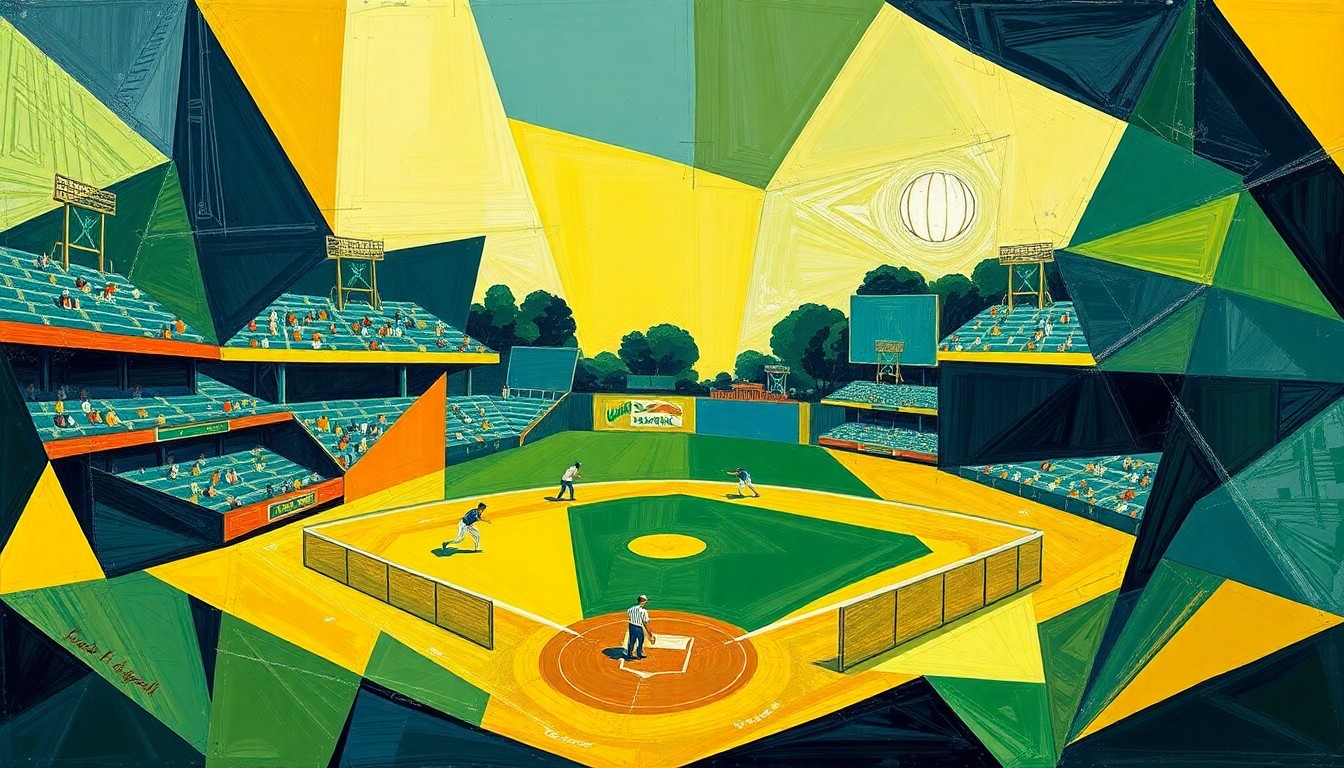 A fragmented, geometric painting depicting the overlapping perspectives and energy of a softball game, with sharp planes of navy, green, and yellow.