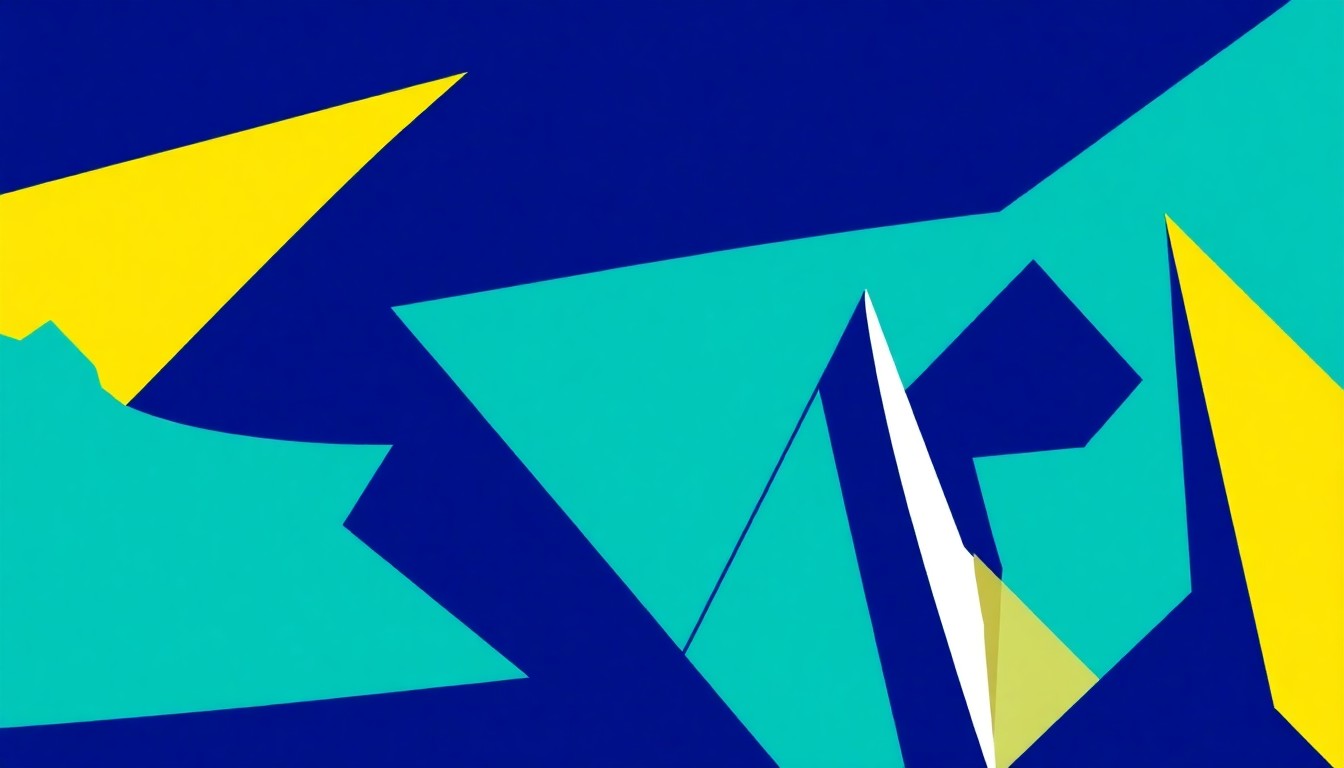 An abstract, minimalist illustration featuring sharp, angular shapes in deep blues, teals, and bright yellows, conveying the energy and dynamism of a new live music venue opening in downtown Green Bay.