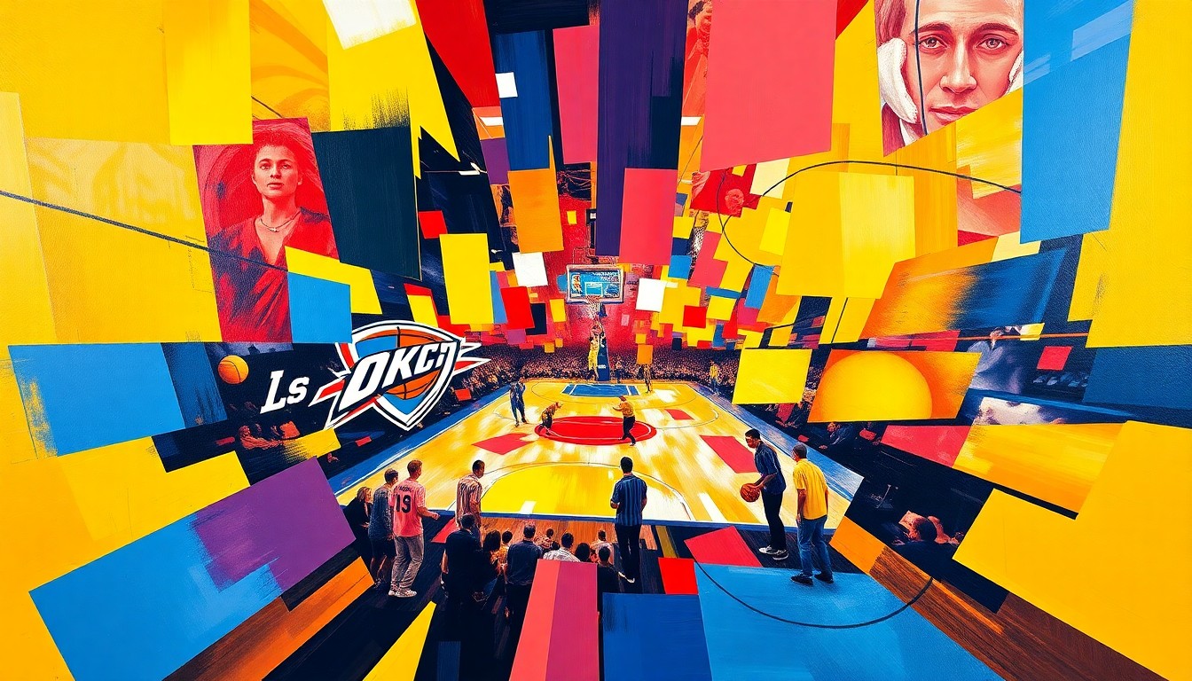 A cubist-style painting depicting an intense basketball game between the Oklahoma City Thunder and Los Angeles Lakers, with the players and court broken down into sharp, overlapping geometric shapes in the teams' respective colors.