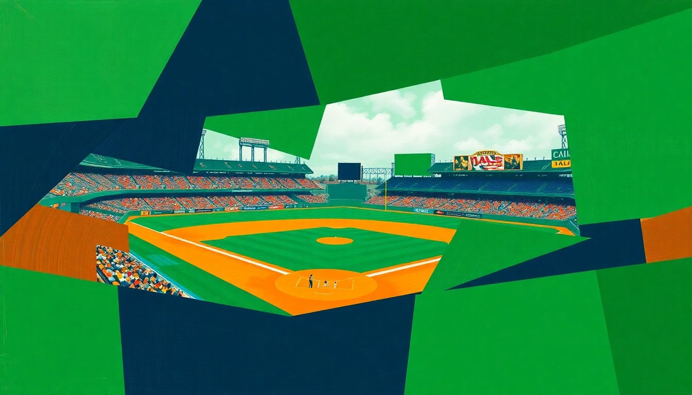 A fragmented, geometric painting in shades of green, orange, and navy blue, representing the dynamic action and multiple perspectives of a college baseball game.