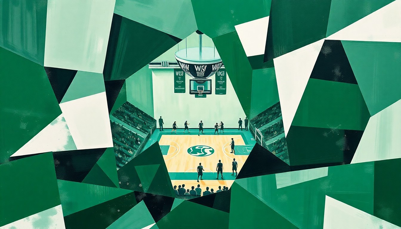 A cubist, geometric painting depicting a UWGB men's basketball game, with the team's official colors of green and white used prominently to represent the energy and intensity of the sport.