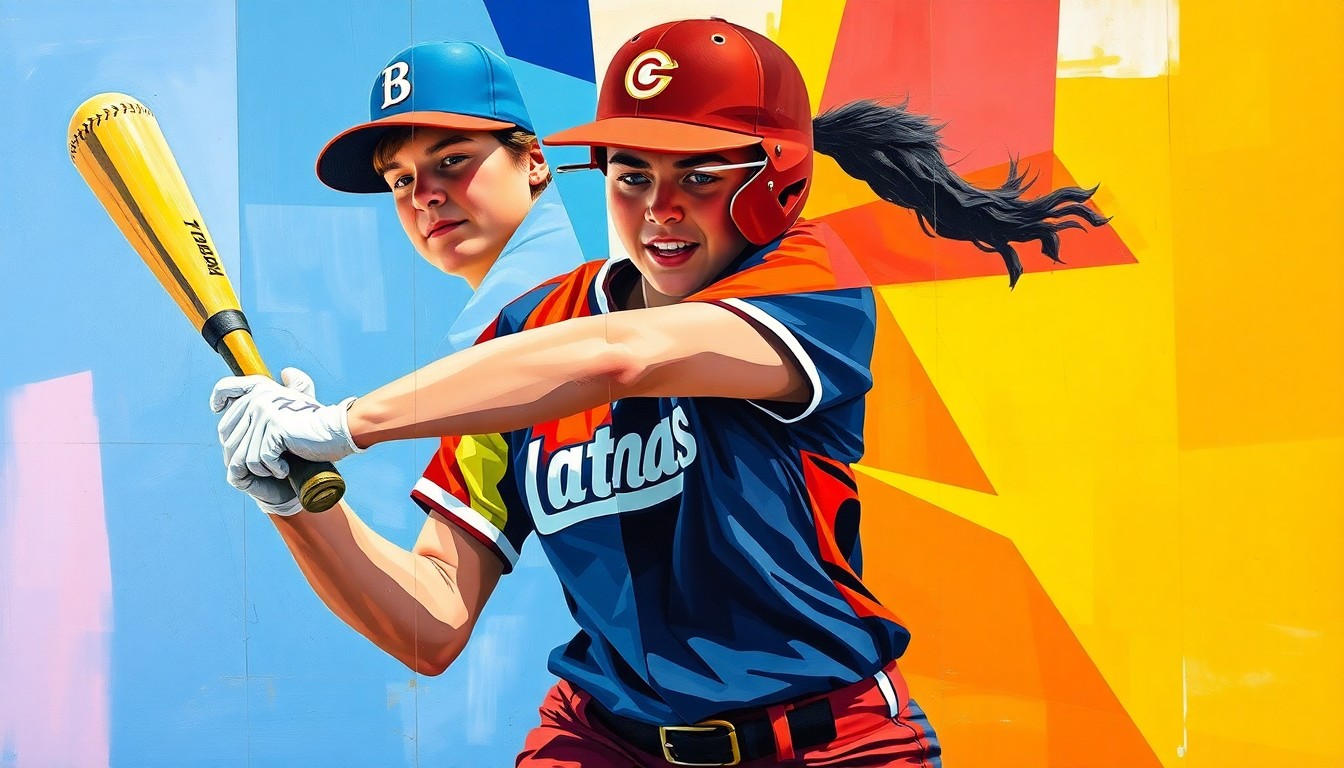 An abstract, geometric painting in bold team colors depicting the fragmented form of a softball player in motion, conveying the raw athleticism of the sport.