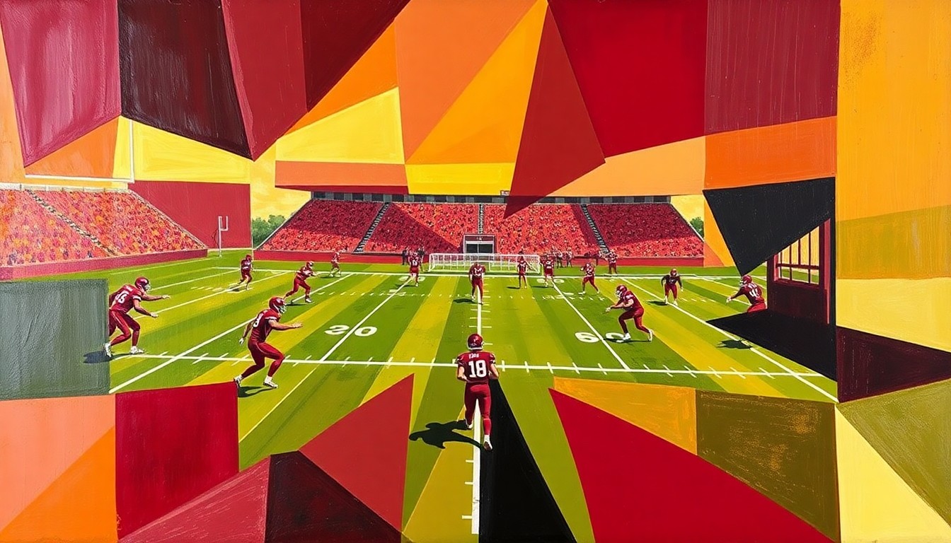 A fragmented, cubist-style painting depicting a college football practice, with players and equipment broken down into sharp, overlapping geometric shapes in the team's maroon and gold colors.