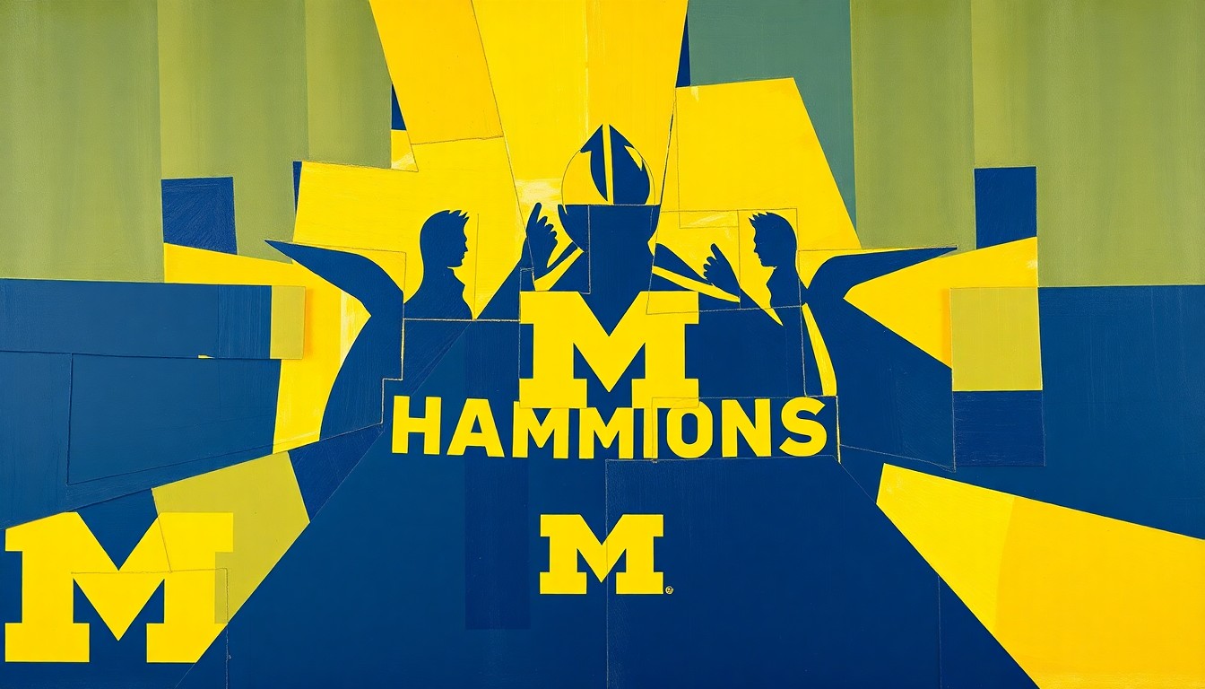 A cubist, geometric painting depicting the Michigan Wolverines' national championship victory, with overlapping planes of bright maize and navy blue representing the team's collective effort and determination.