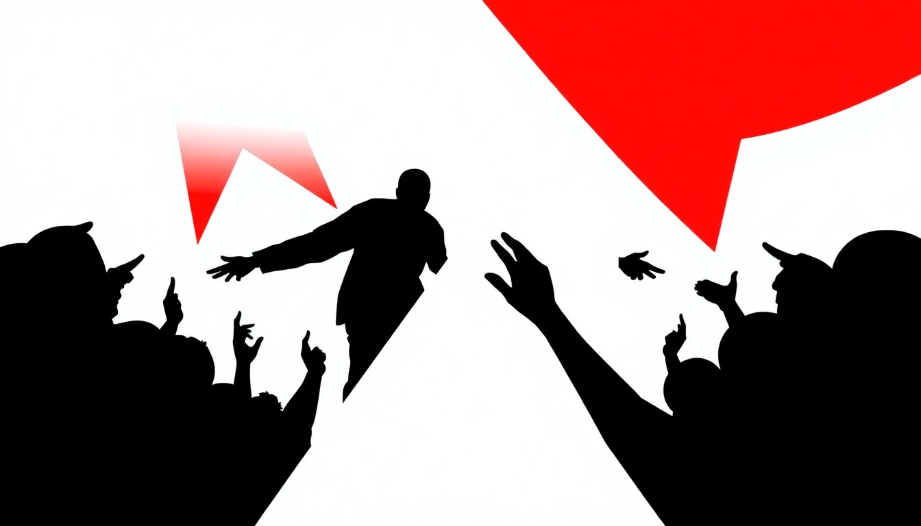 A striking abstract composition of jagged black silhouettes and bold red and white shapes, conceptually representing the tension and controversy surrounding Kanye West's upcoming performances.