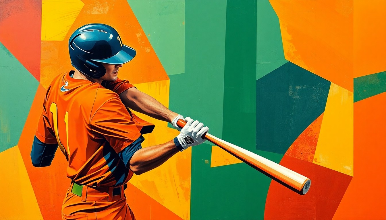 A cubist, geometric painting depicting a baseball player's pinch-hit at-bat, with sharp, overlapping planes of color representing the intense focus and quick reflexes required for the role.