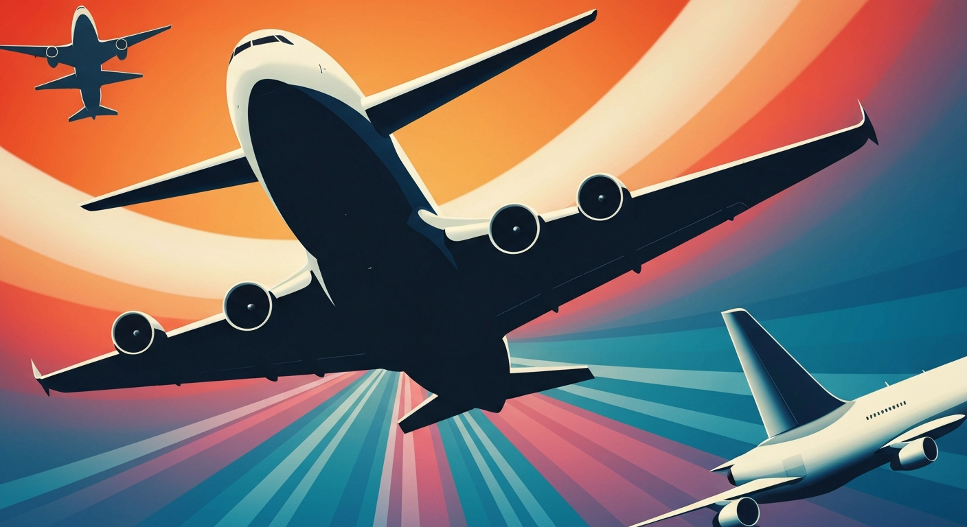A bold, geometric illustration depicting the silhouettes of several aircraft in a sweeping, streamlined composition, conveying the grand scale and romance of air travel through the use of smooth gradients and forced perspectives, without any literal depictions of people or text.