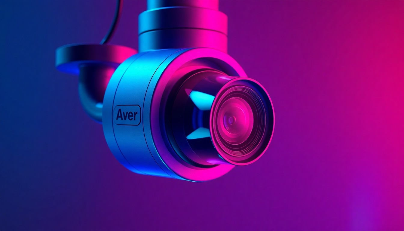 A highly detailed, glowing 3D illustration of an AVer PTZ camera, with neon cyan and magenta lights illuminating the physical hardware, conceptually representing the digital tools that enable virtual camera placement and coverage validation for professional AV projects.