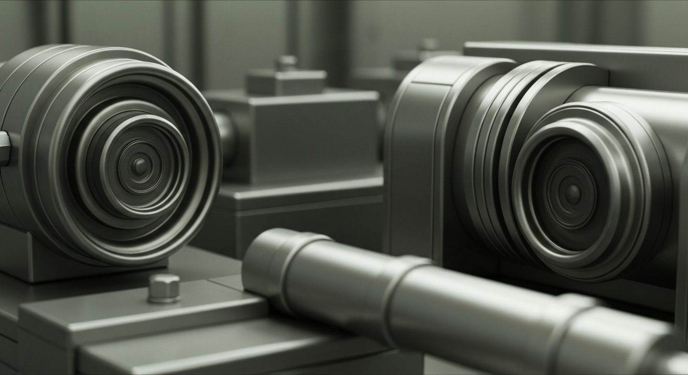 An extreme close-up of gleaming, industrial banking equipment and machinery, conveying the secure, physical assets that support Entergy's financial performance.