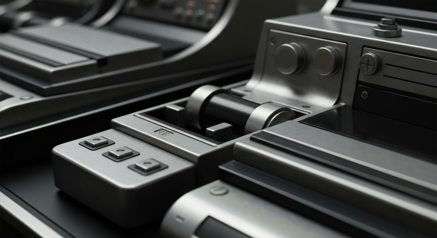 An extreme close-up of gears, levers, and other heavy industrial banking equipment, conveying the secure, institutional nature of Kite Realty Group Trust's real estate investment business.