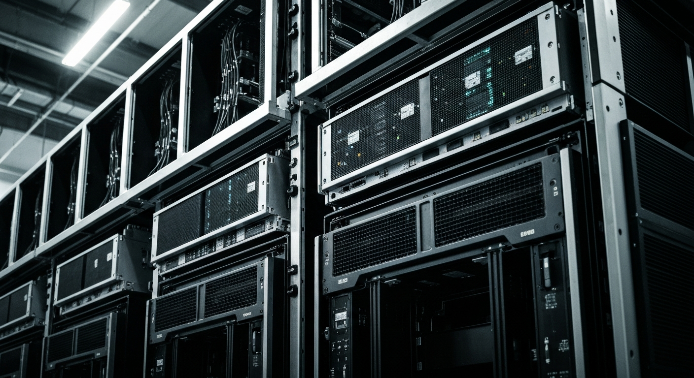 An extreme close-up of Salesforce's industrial-scale data center equipment, including server racks, cooling systems, and fiber-optic cables, conveying the technological backbone behind the company's cloud computing services.