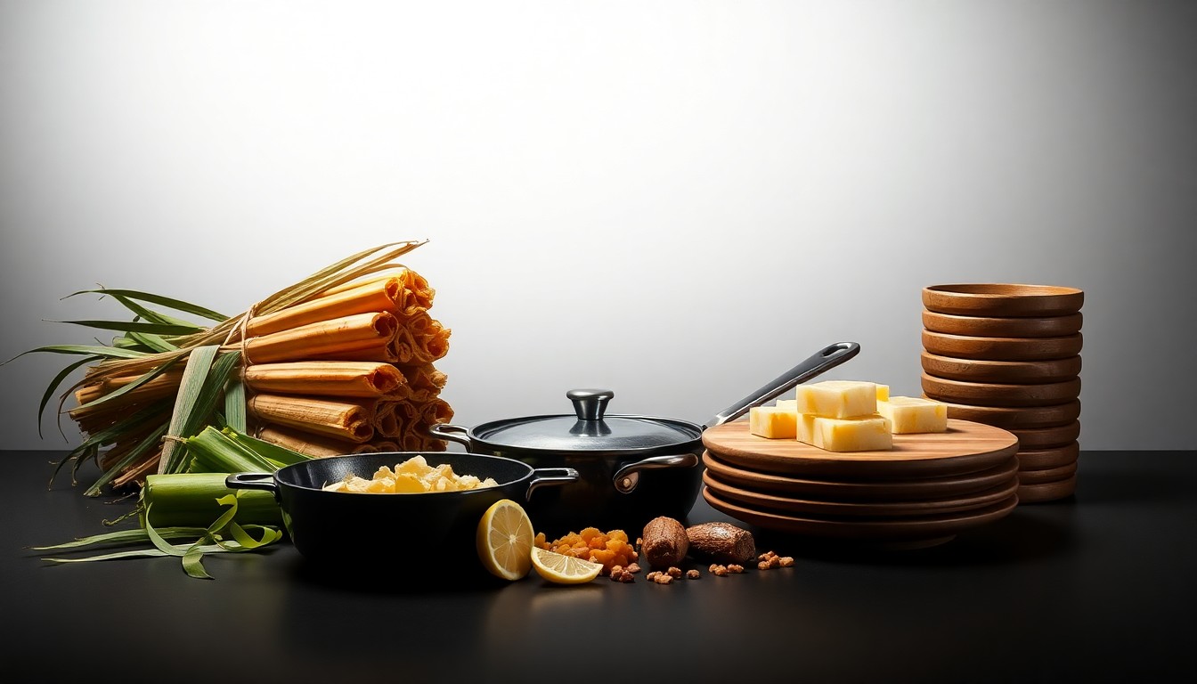 A high-end, photorealistic studio still-life photograph featuring a clean, monochromatic background with a carefully arranged display of premium, polished objects that symbolize the authentic Hawaiian flavors and traditions of the Mo' Bettahs brand, such as a gleaming cast-iron skillet, a bundle of fresh sugarcane, and a stack of wooden serving trays.