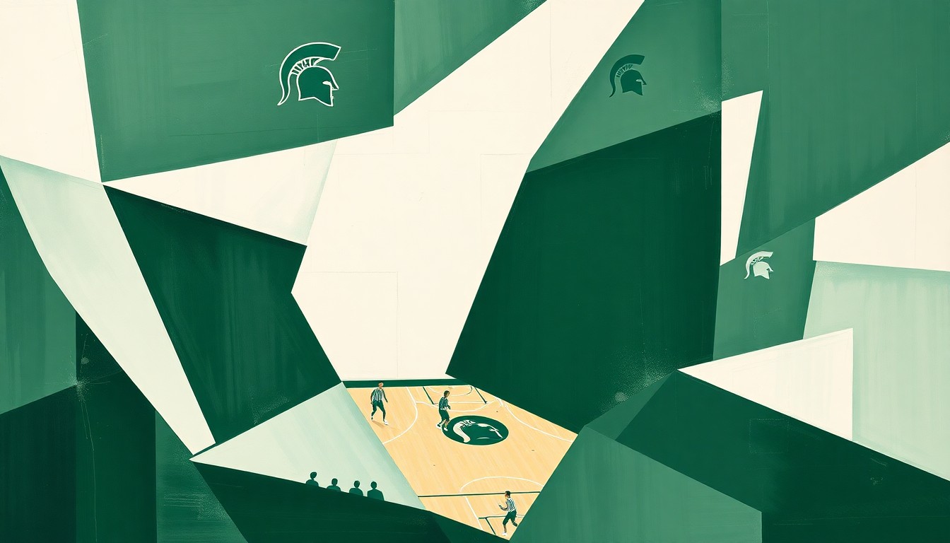 A cubist, geometric painting depicting a fragmented women's basketball game, with overlapping planes of green and white representing the Michigan State Spartans.