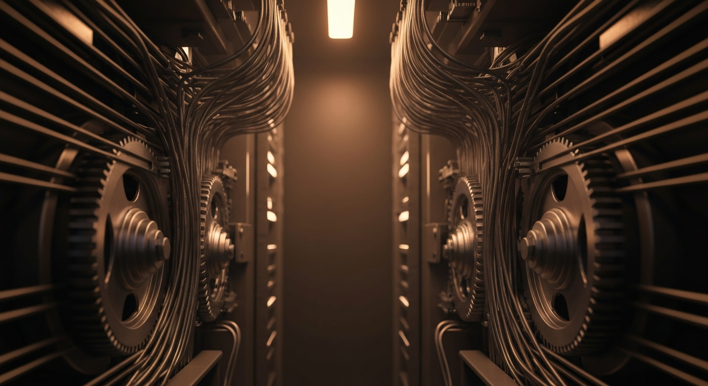 An extreme close-up of complex, interlocking financial machinery and banking equipment, conveying the institutional scale and technological sophistication of the modern streaming industry.