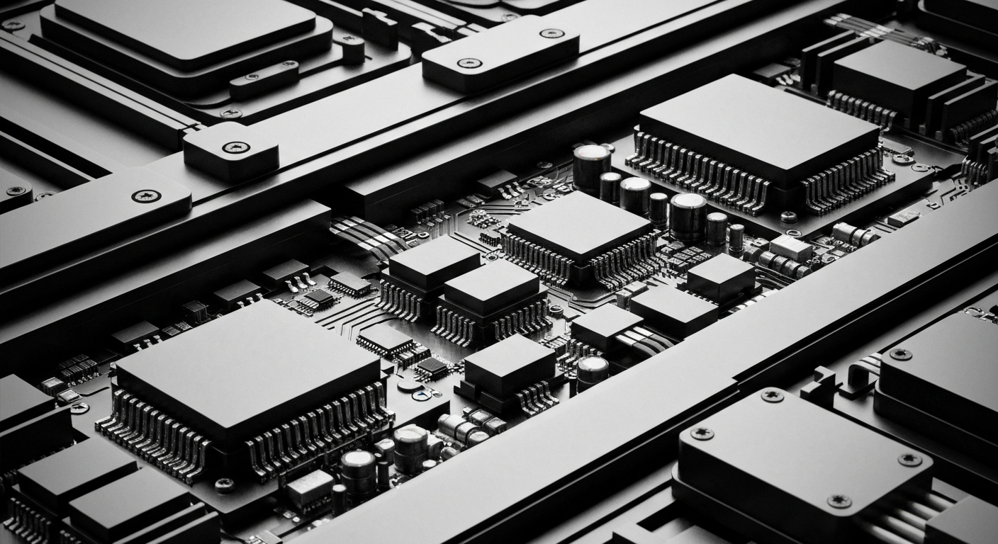A high-contrast black and white close-up image of the internal components and circuitry of a mobile advertising technology platform, conveying the complex infrastructure behind app monetization.