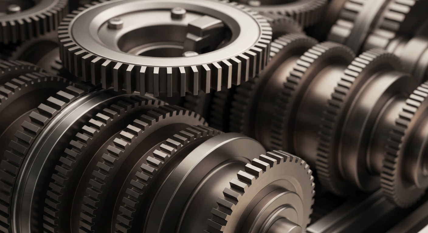 An extreme close-up of intricately meshed metal gears and machinery, conveying the heavy, industrial nature of Intel's semiconductor manufacturing capabilities.