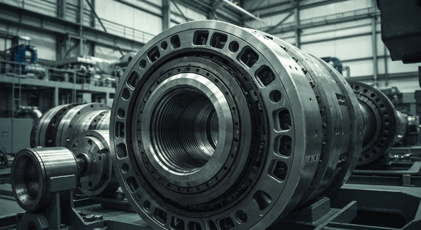 An extreme, cinematic close-up of heavy, intricate aerospace manufacturing equipment and components, conveying the industrial might and technical expertise of Lockheed Martin through a wordless, highly physical visual metaphor.