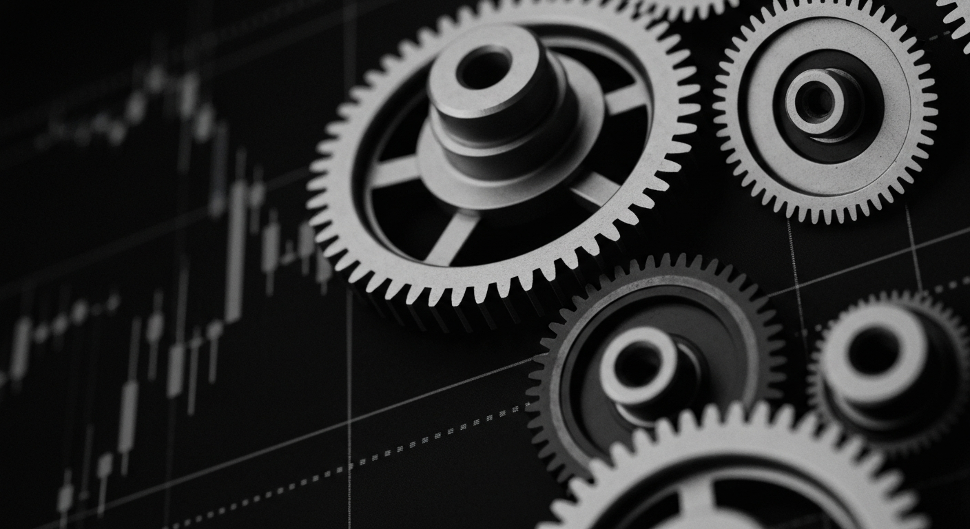 A high-contrast, macro-level image of the inner workings of a stock trading platform, with gears, circuits, and other mechanical components filling the frame to represent the complex financial infrastructure behind retail investing apps.