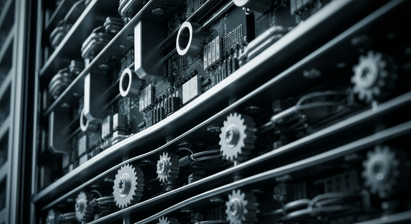A highly detailed, black-and-white close-up image of the inner workings of a data storage server, with a focus on the industrial, mechanical components that enable modern data infrastructure.
