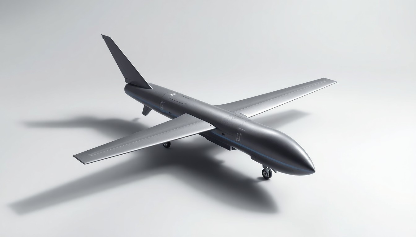 A photorealistic studio still-life image of a sleek, metallic model of an AeroVironment drone or missile system, elegantly arranged on a clean, monochromatic background and dramatically lit to showcase the precision and power of the company's advanced aerospace technologies.