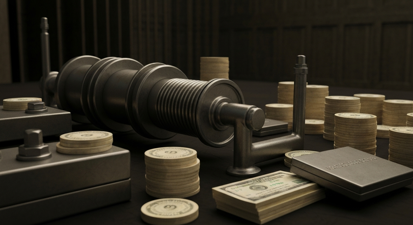 An extreme close-up of industrial machinery and equipment, conveying a sense of financial security and institutional power without using literal currency or charts.