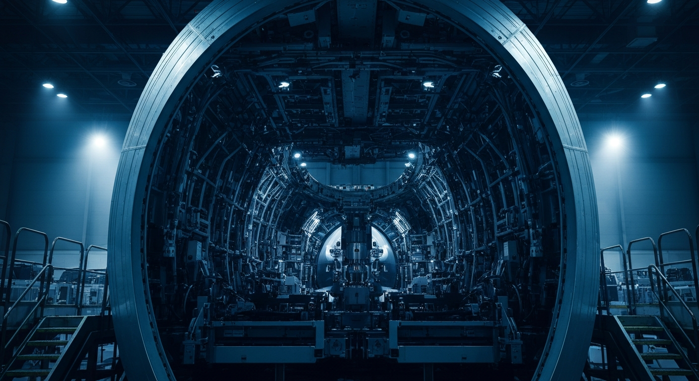 An extreme close-up of the gears, levers, and sensors that make up the heavy machinery used in Boeing's aircraft manufacturing facilities, conveying the intricate and industrial nature of the company's operations.