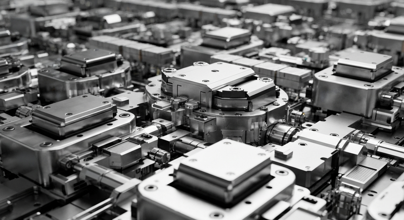 An extreme close-up of highly engineered, intricately detailed semiconductor manufacturing machinery, conveying the complex, high-precision technology that enables modern electronics.
