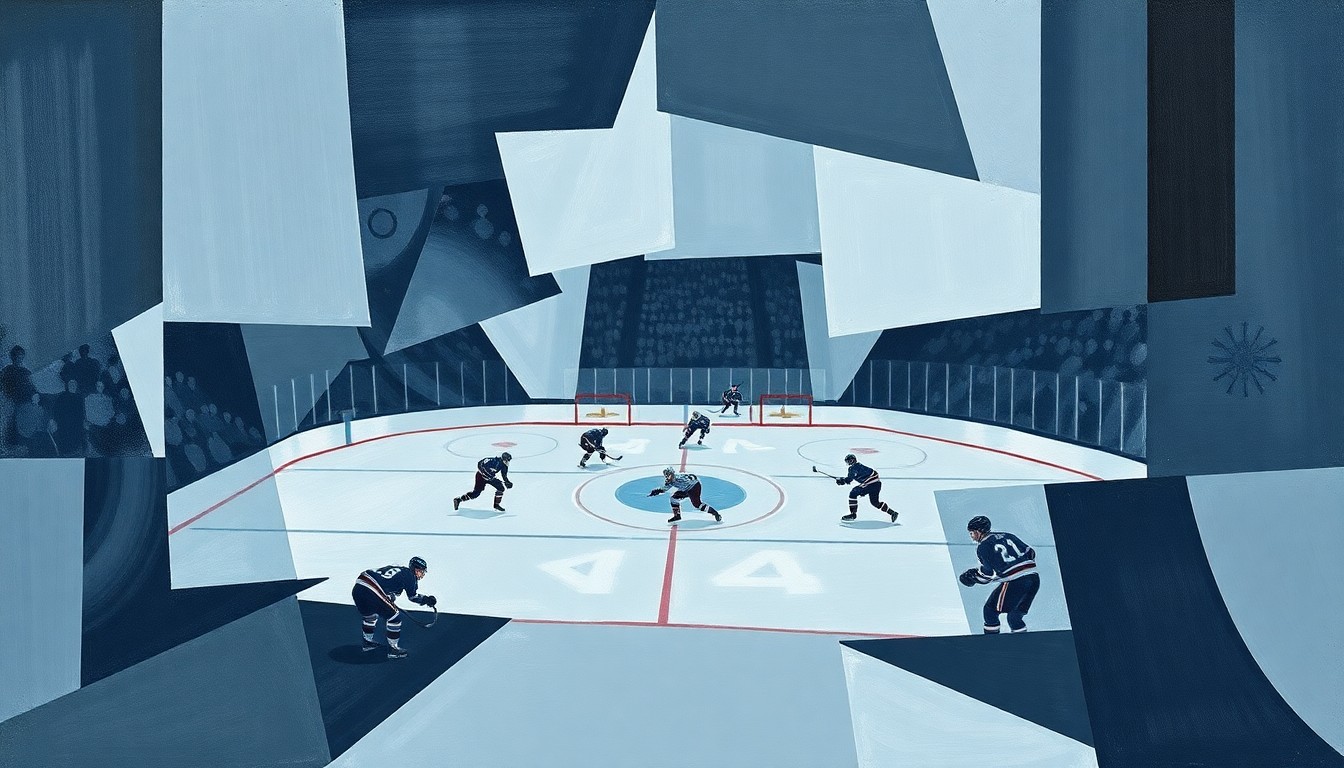 A cubist, geometric painting depicting a fragmented hockey game, with sharp, overlapping planes in muted blues, greys, and blacks, conveying the divisive nature of the fan incident.