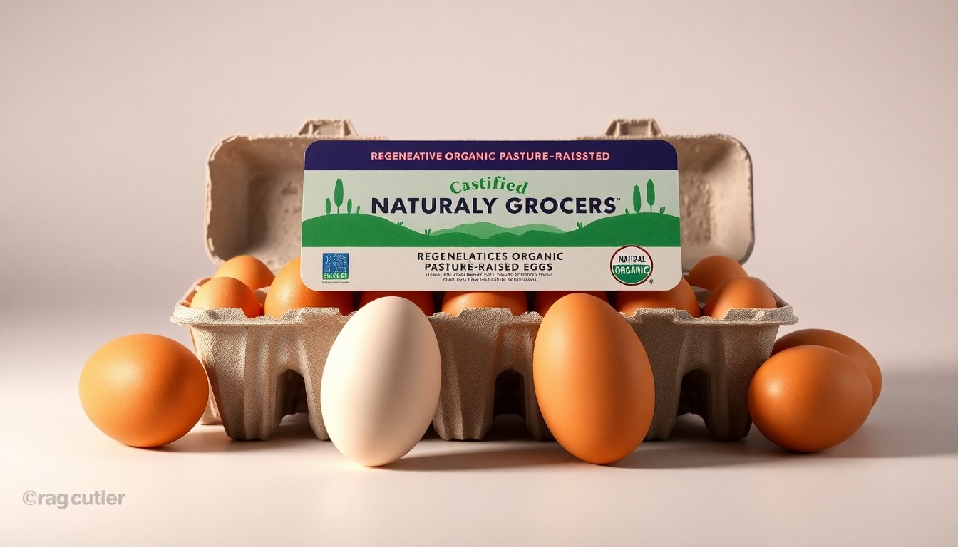 A high-end, photorealistic studio still-life photograph featuring a carton of Natural Grocers Brand Regenerative Organic Certified Pasture-Raised Eggs arranged elegantly on a clean, white seamless background. The carton is made from premium, polished materials and the eggs are lit dramatically to highlight their natural beauty and quality.