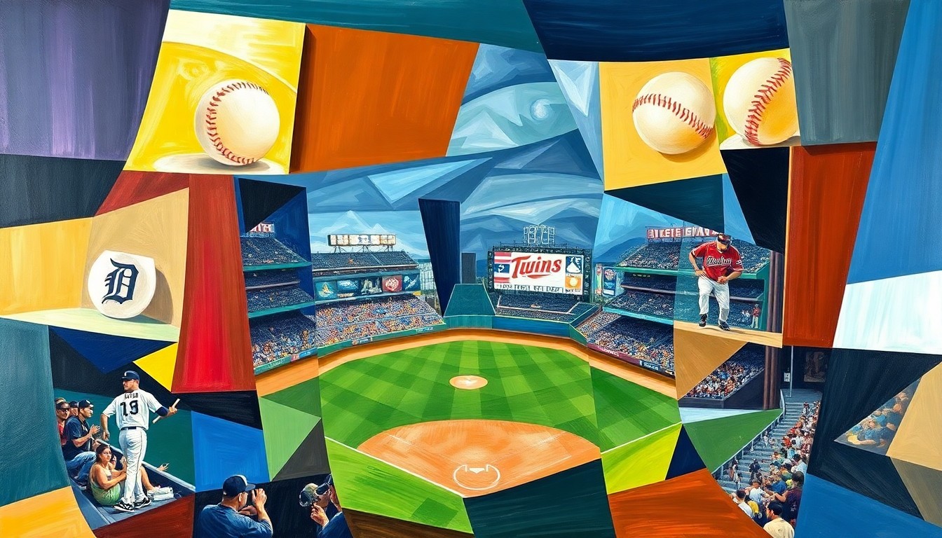 A fragmented, geometric painting depicting a baseball game between two teams, with sharp overlapping planes of color and form representing the dynamic action on the field.