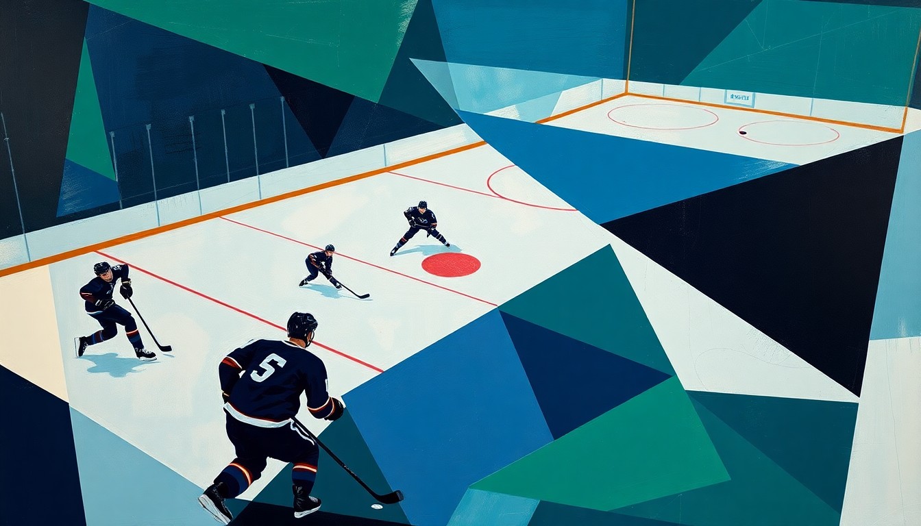 A cubist, geometric painting depicting a hockey game, with players and the puck represented through sharp, overlapping shapes in a palette of blues, greens, and whites, capturing the dynamic movement and energy of the sport.