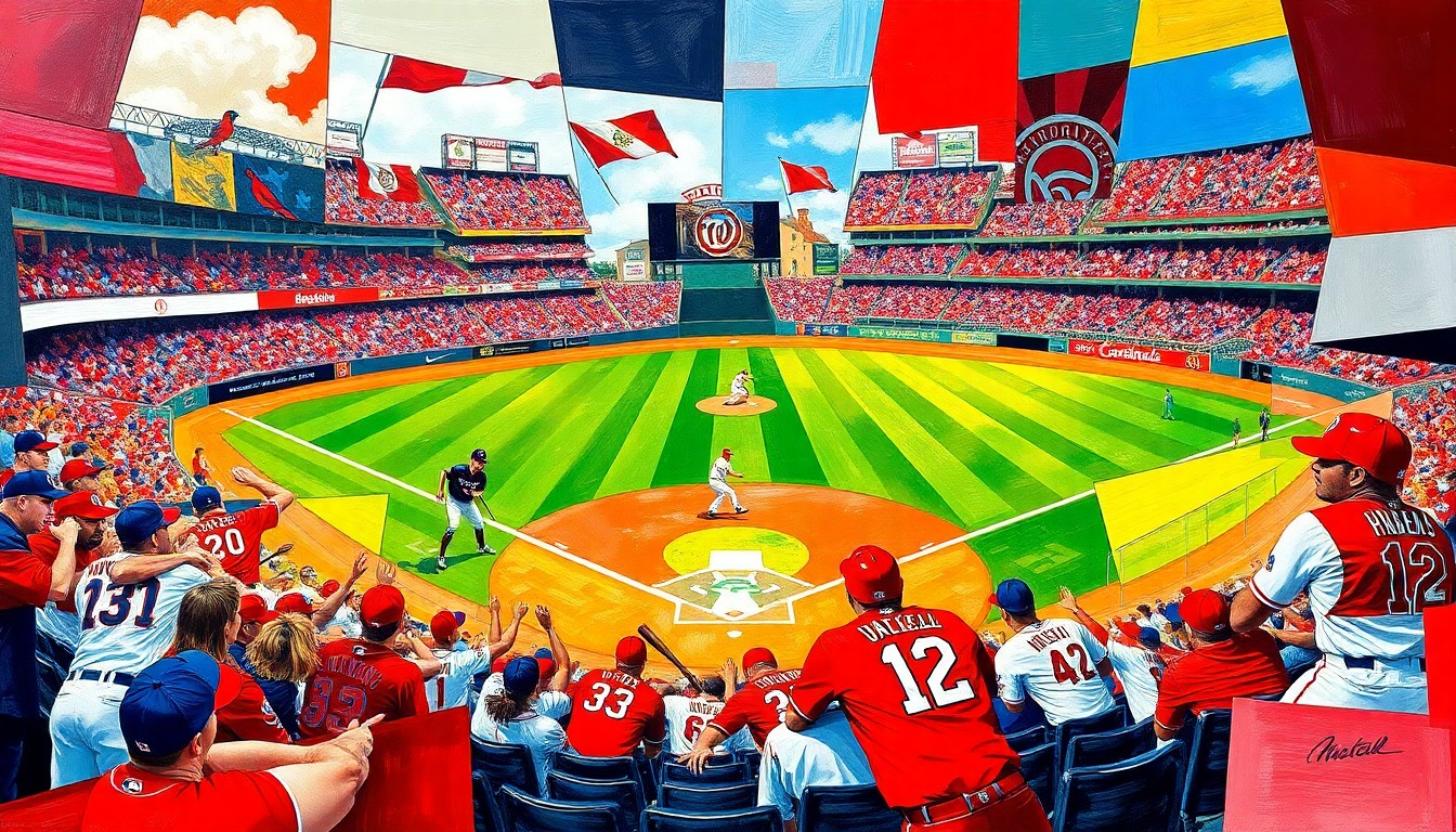 A cubist, geometric painting depicting a baseball game between the Washington Nationals and St. Louis Cardinals, with the players and field broken down into overlapping planes of vibrant red, white, and blue colors.