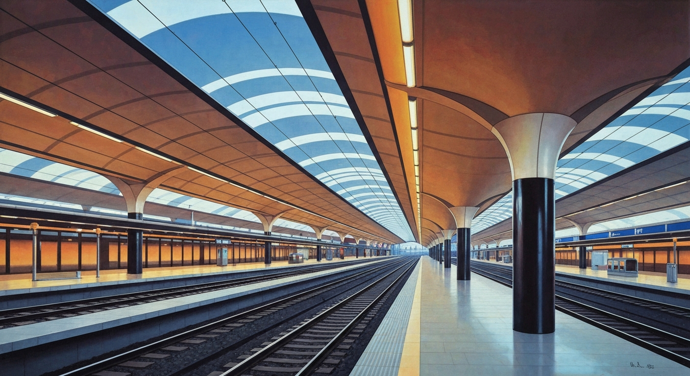 A bold, geometric illustration in warm earth tones and cool blues, depicting the sweeping, streamlined forms of a modern railway station platform and tracks, conveying the grand scale and forward-looking vision of the line's revival.