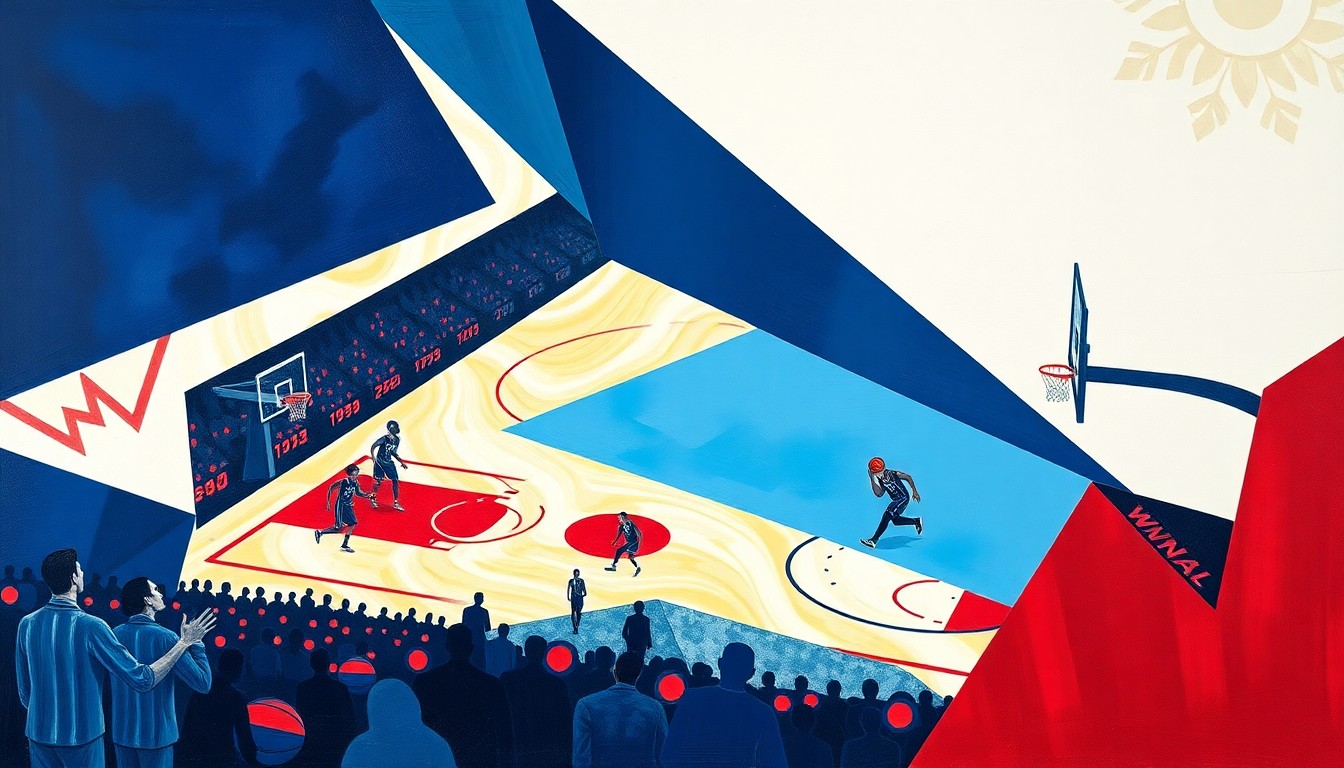 A cubist, geometric painting depicting a fragmented WNBA basketball game, with sharp planes of navy, sky blue, and crimson red overlapping to create a dynamic, abstract composition.