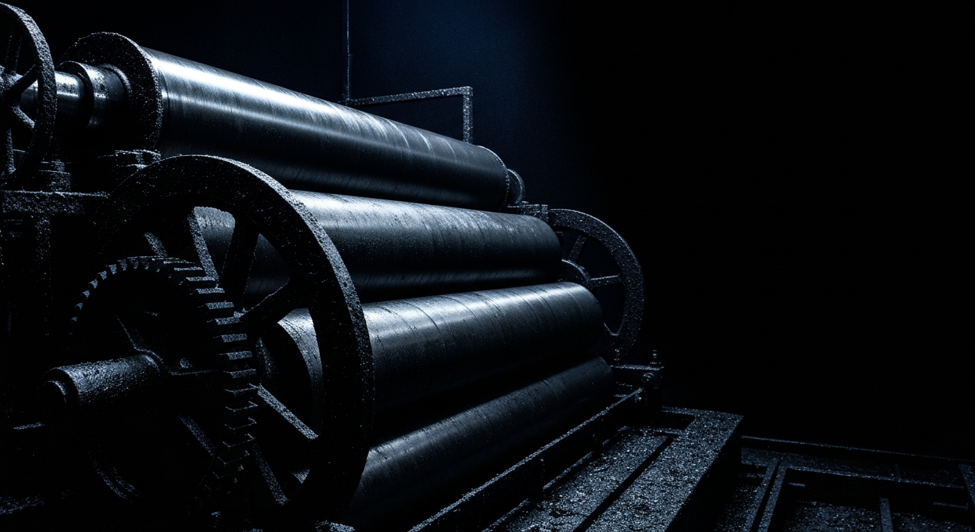 An extreme close-up of the intricate gears, rollers, and metal components of a large industrial newspaper printing press, capturing the physical power and scale of the machinery that underpins local journalism.