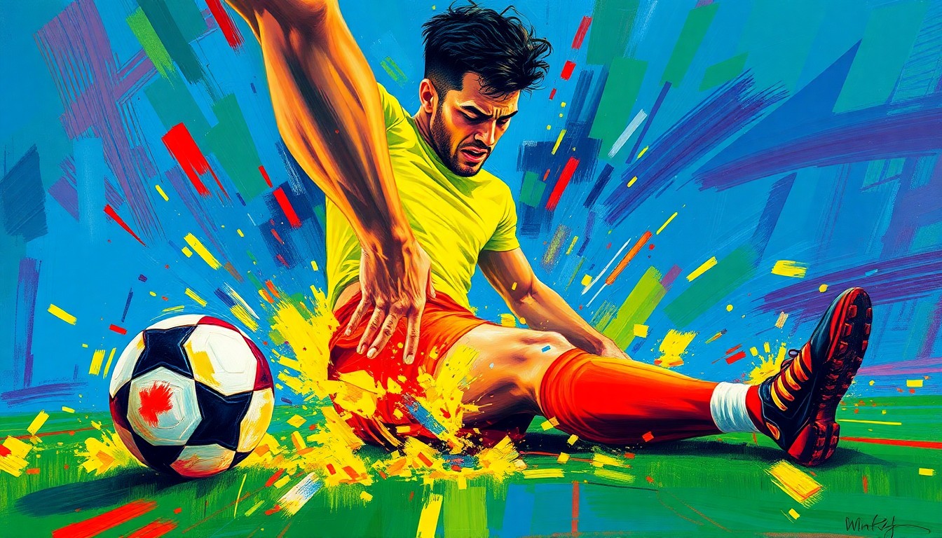 An abstract expressionist painting in vibrant neon colors depicting the raw physical and emotional anguish of a soccer player suffering a serious leg injury.