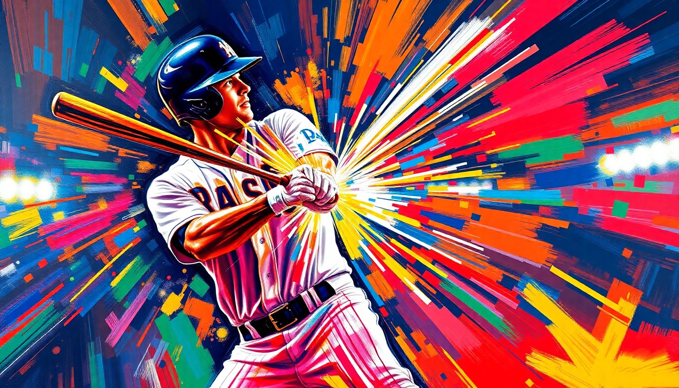 An abstract expressionist painting in vibrant neon colors, capturing the explosive power and energy of a baseball player's home run swing, with the ball blasting off the bat in a blur of light.