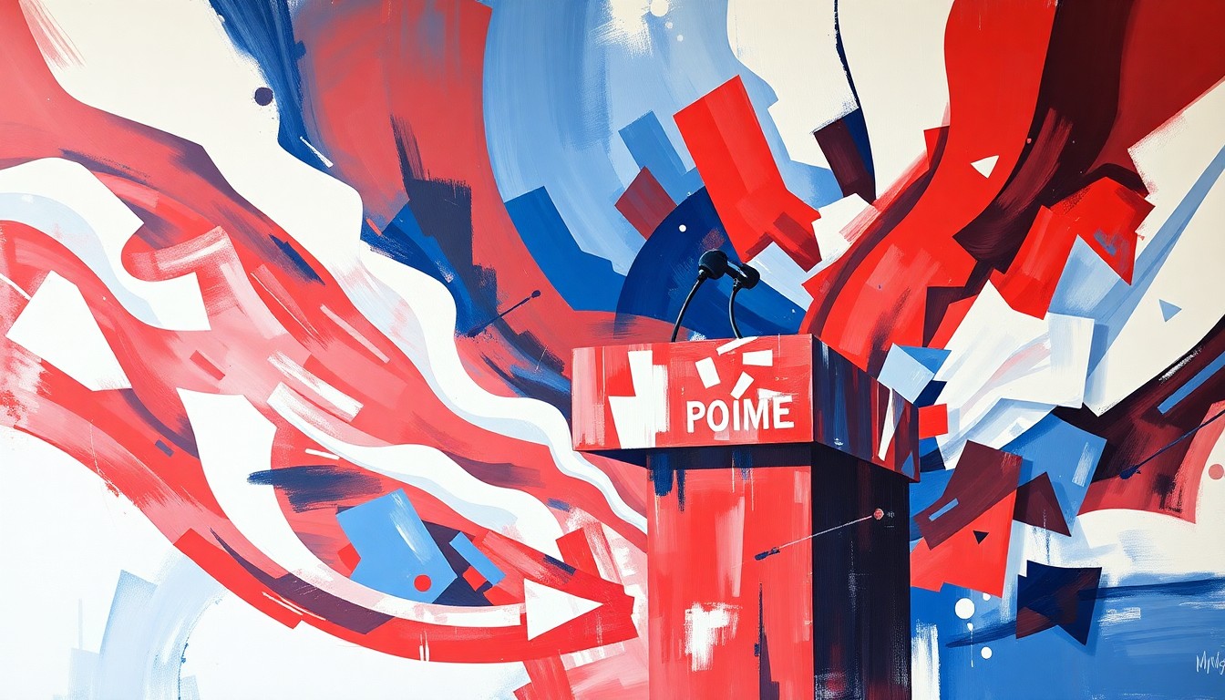 A vibrant, abstract painting featuring overlapping geometric shapes and waves of color in shades of red, white, and blue, conceptually representing the high-stakes political battle for a congressional seat.